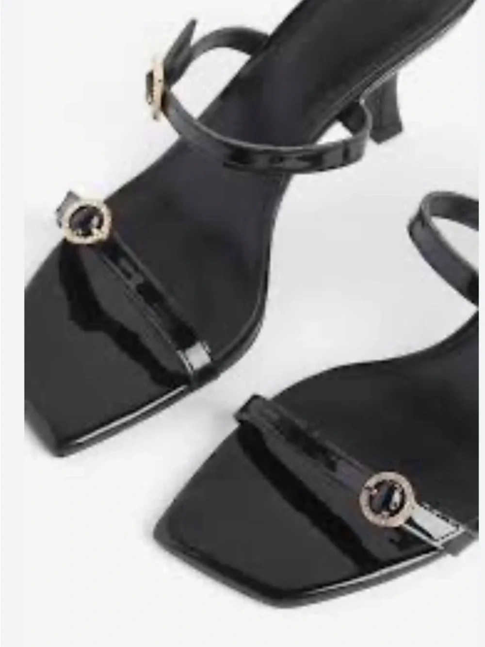 H&M Black Patent Strappy Mid-Heel Sandals with Gold Buckle - Picture 1 of 6